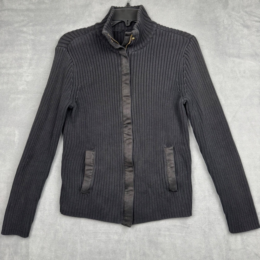 Lauren Ralph Lauren Women Black Ribbed Knit Zip Up Cardigan‎ Sweater Jacket M